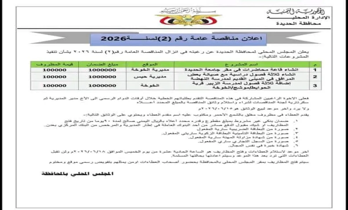 الحديدة تعلن طرح مناقصة عامة لتنفيذ 3 مشاريع تعليمية في الخوخة وحيس