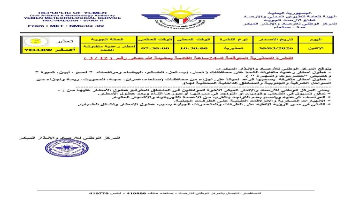 تحذير جوي: أمطار رعدية وسيول متوقعة في عدة محافظات