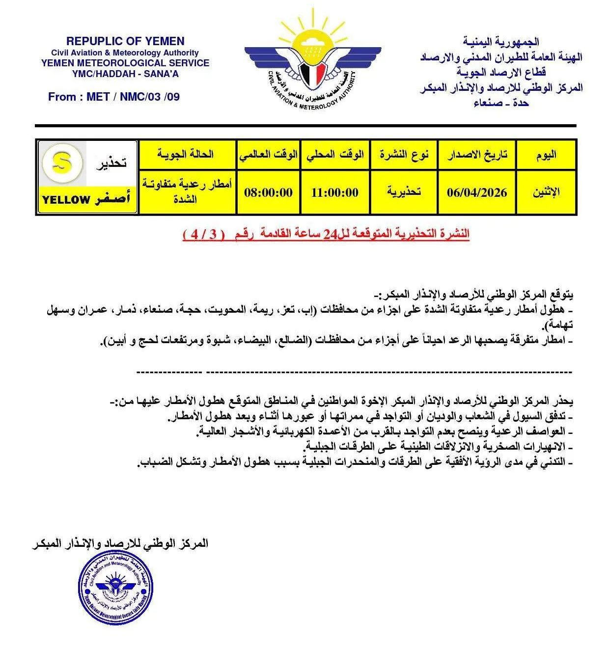الأرصاد تحذر: أمطار رعدية مرتقبة على عدة محافظات يمنية خلال الساعات القادمة