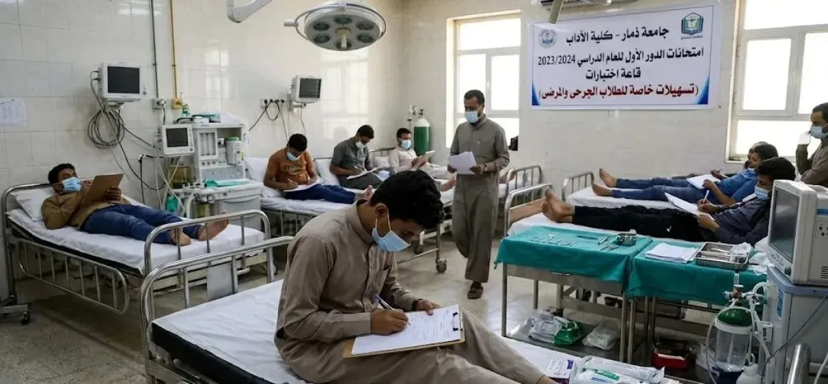 امتحانات داخل غرف العمليات… مشهد استثنائي لطلاب ذمار يؤدّون اختباراتهم على الأسرة  