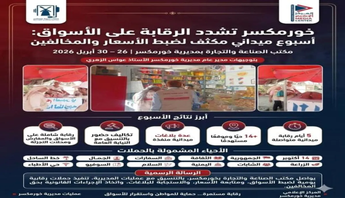 بين ضبط المخالفات والاستجابة للبلاغات.. حصاد أسبوع من الرقابة التموينية بخورمكسر
