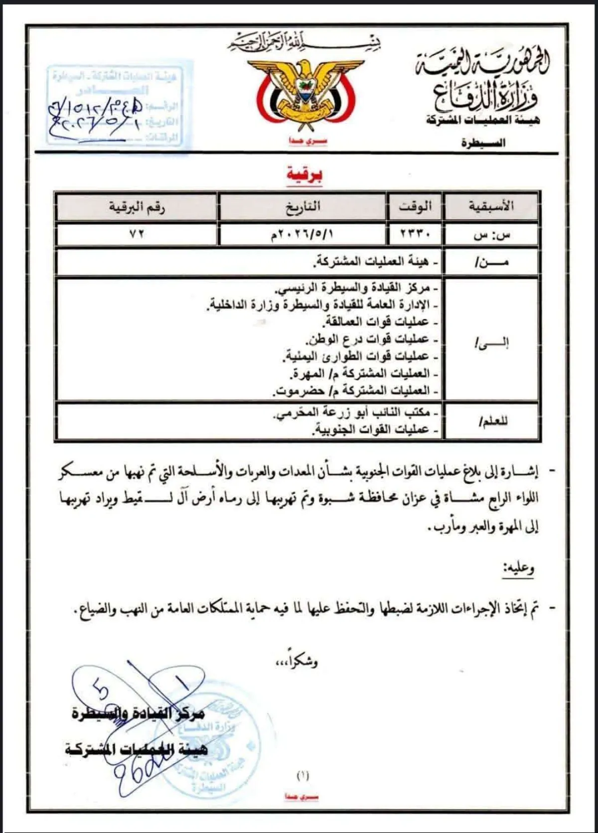 الكشف عن مصير الأسلحة المنهوبة في شبوة(وثيقة هامة)