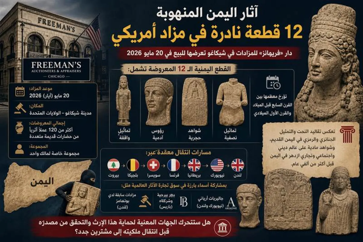 تاريخ اليمن يباع في المزاد ...قطع أثرية يمنية نادرة تظهر في مزاد أمريكي جديد وسط مطالبات بوقف بيعها (صورة)