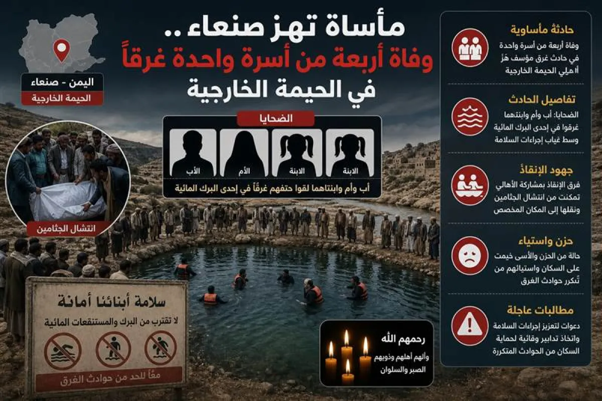 مأساة تهز صنعاء.. وفاة أربعة من أسرة واحدة غرقًا في الحيمة الخارجية