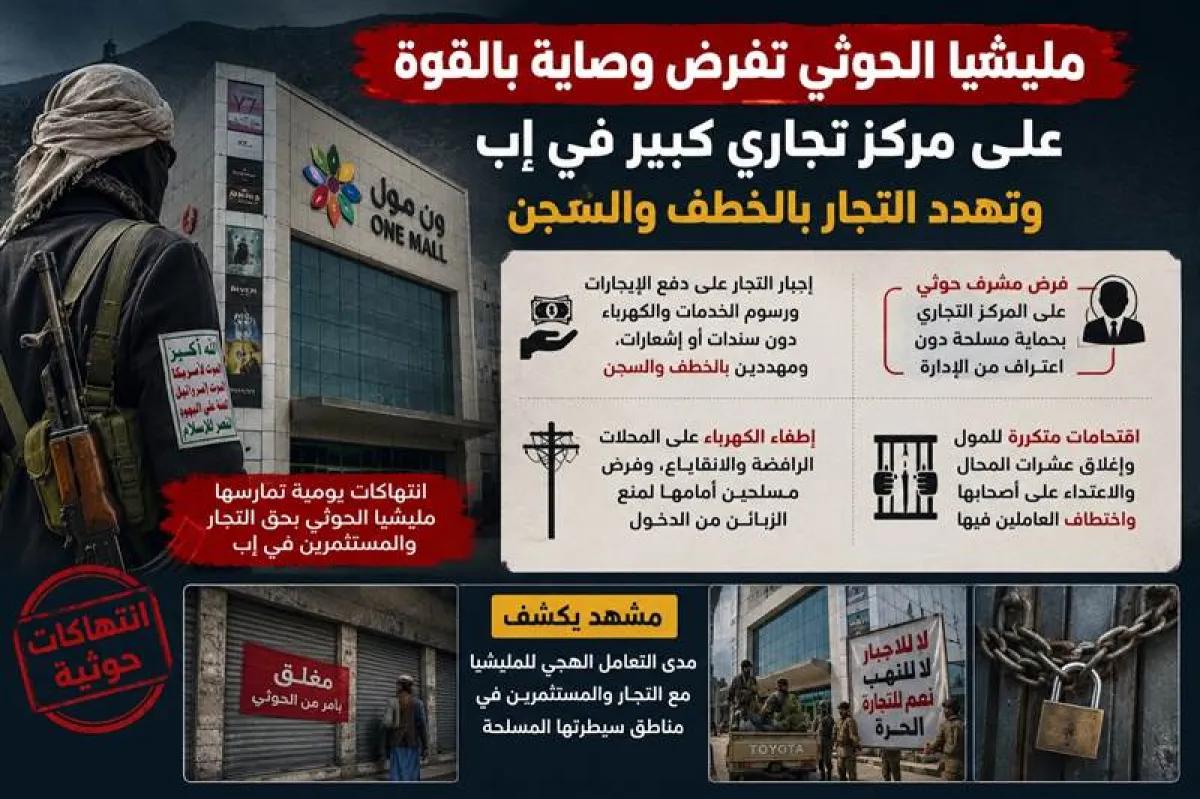 مليشيا الحوثي تفرض وصاية بالقوة على مركز تجاري كبير في إب وتهدد التجار بالخطف والسجن