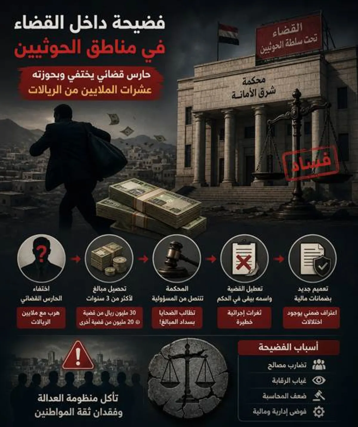 اختفاء حارس قضائي بصنعاء يفجر فضيحة فساد جديدة داخل القضاء الخاضع للحوثيين