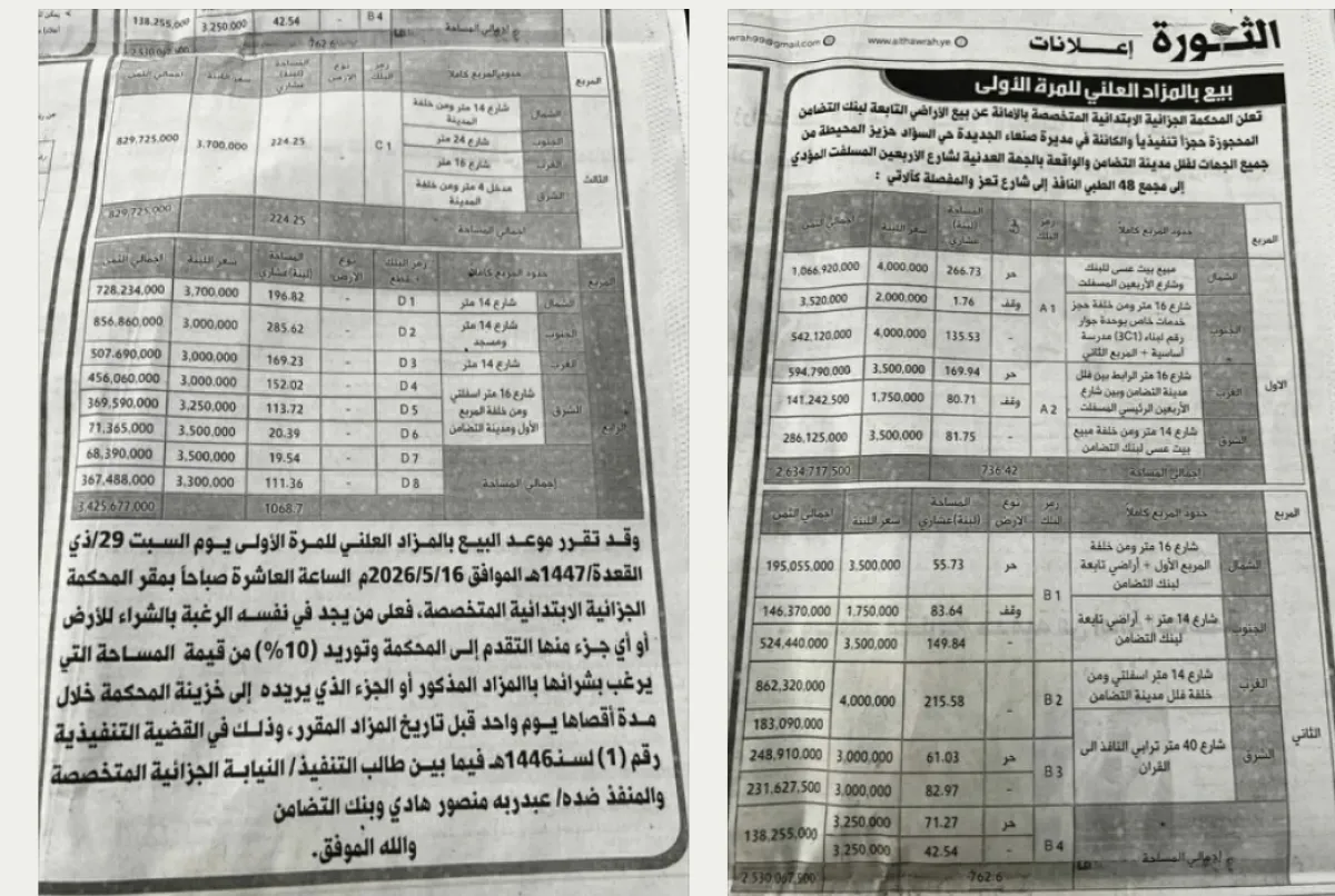 للمرة الثانية..ميليشيا الحوثي تعرض أصولاً عقارية منهوبة ومملوكة لـ ”بنك التضامن“ للبيع بالمزاد العلني في صنعاء