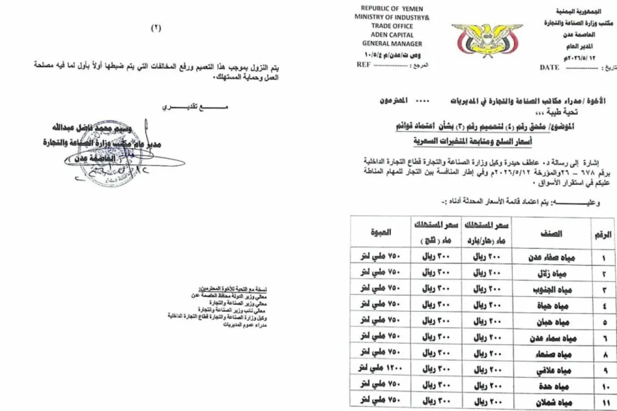 مكتب الصناعة والتجارة بعدن يعمم قائمة أسعار المياه المعدنية.. تفاصيل