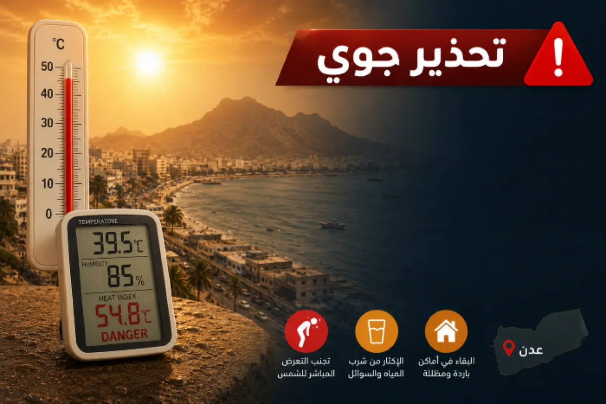 مركز الإنذار المبكر يحذّر سكان عدن من حرارة تفوق قدرة الجسم البشري على التحمّل