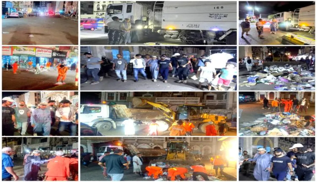 عمال نظافة عدن يحيون ليلة العيد برفع مخلفات الأسواق