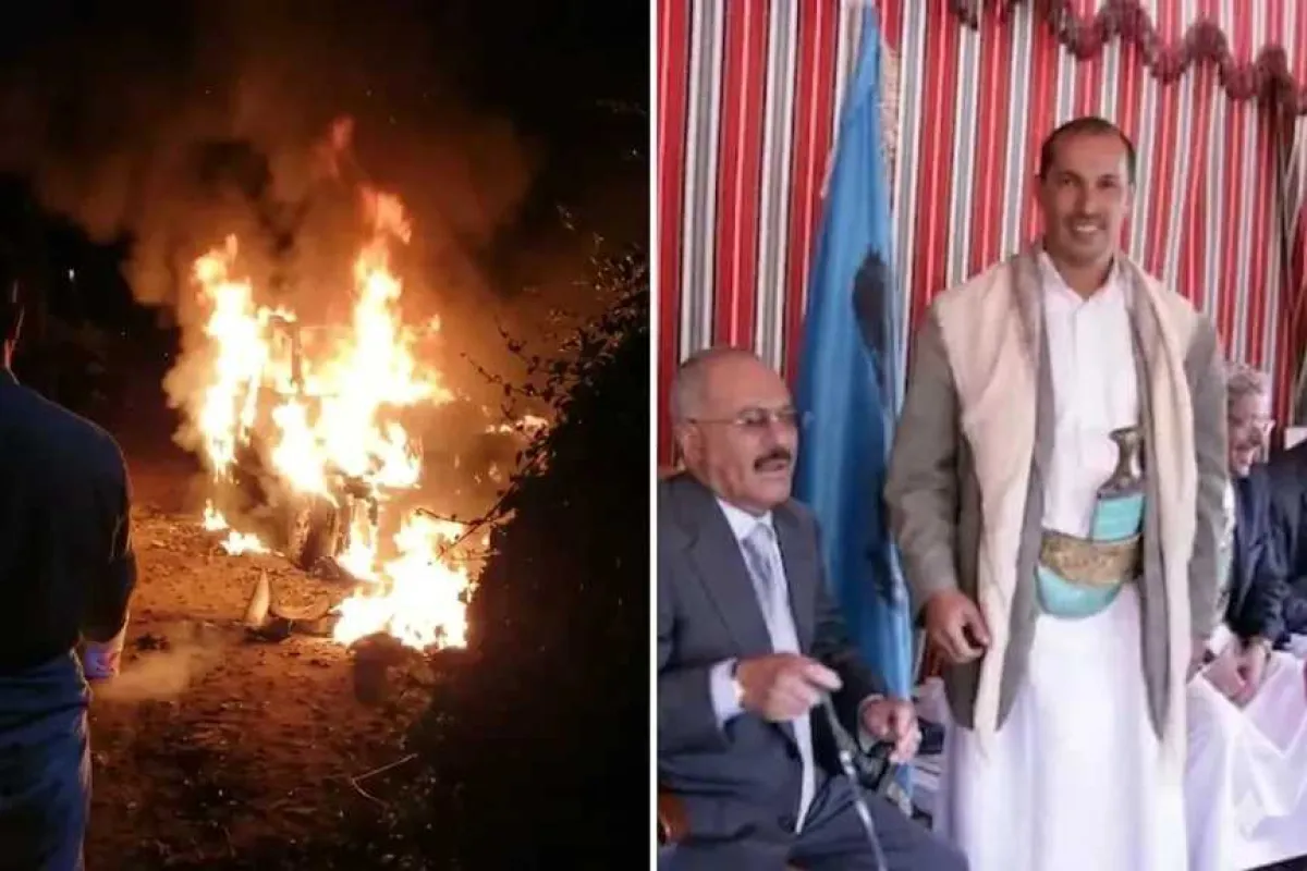 مجهولون يحرقون سيارة قيادي مؤتمري بعد نشر صورة له مع الرئيس الراحل صالح (فيديو)