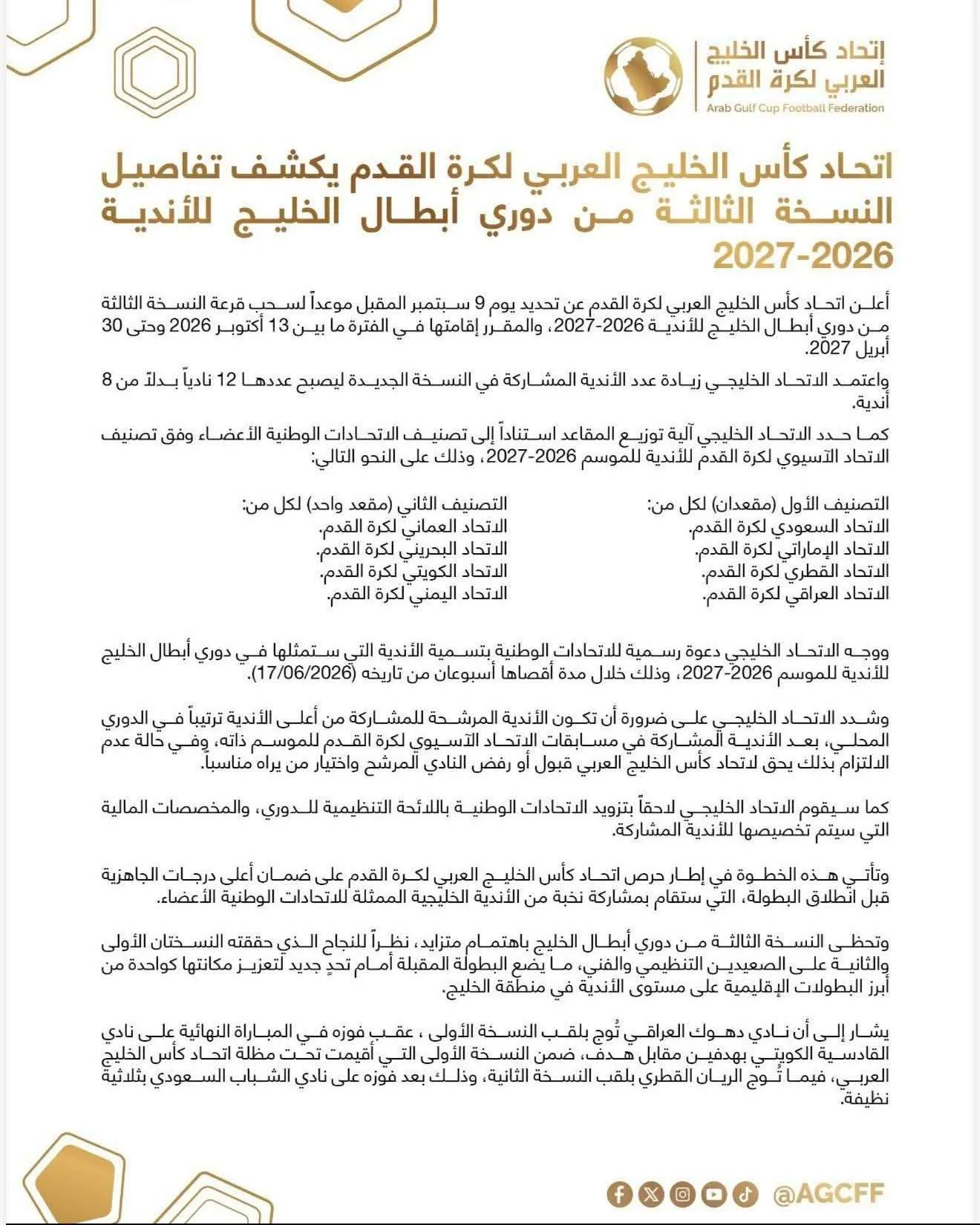 رسمياً: النسخة الثالثة من دوري أبطال الخليج تنطلق بنظام جديد وبمشاركة 12 فريقاً