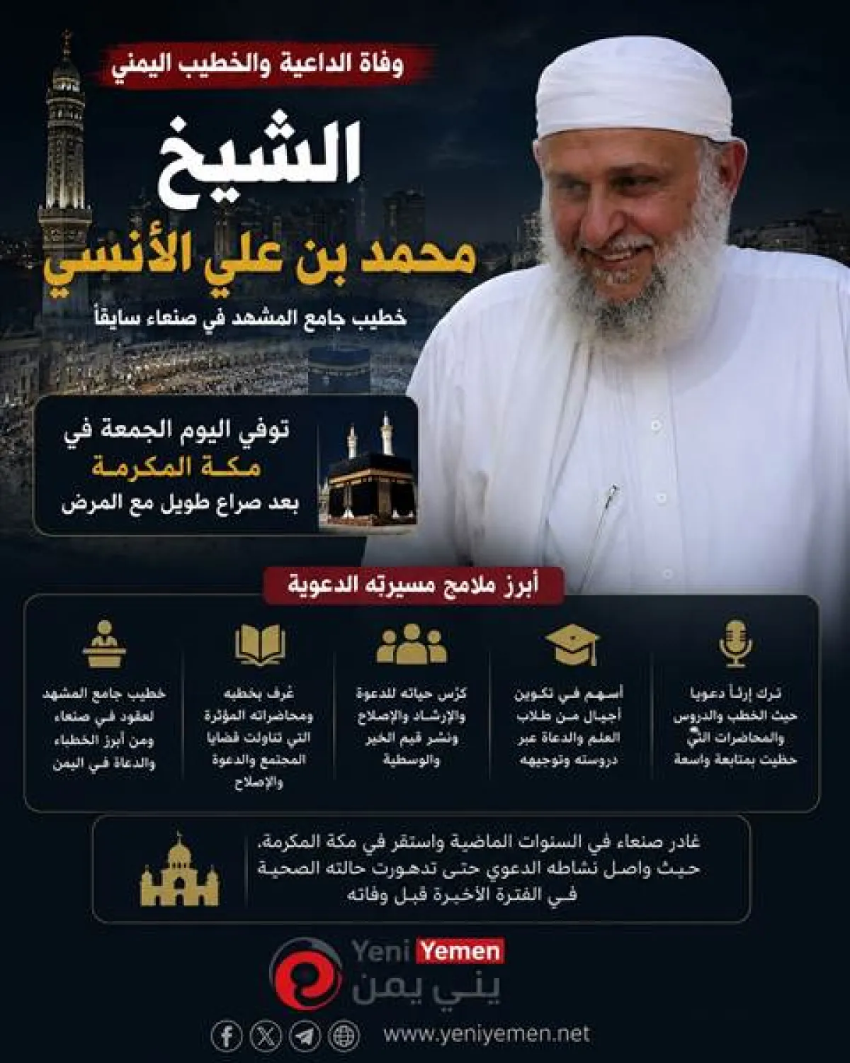 رحيل الداعية الشيخ محمد بن علي الآنسي.. صفحة مضيئة تُطوى من سجل الدعوة والإصلاح