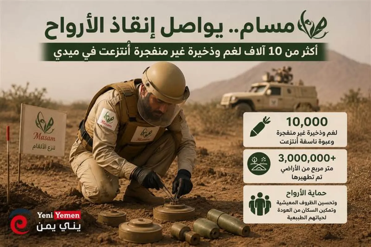 جهود جبارة أنقذت آلاف اليمنيين من الموت...مسام ينتزع 10 آلاف لغم وذخيرة من ميدي ويطهر أكثر من 3 ملايين متر مربع