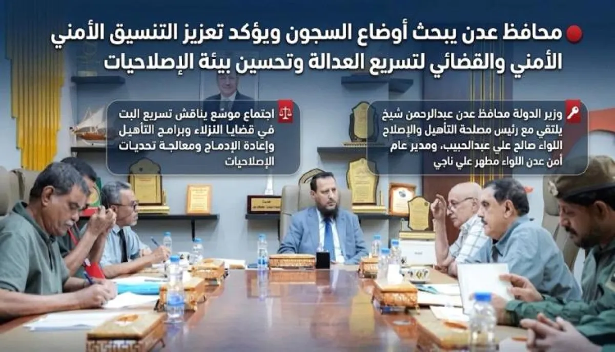 عدن: تحركات حكومية لتعزيز التنسيق الأمني والقضائي وتسريع معالجة قضايا النزلاء