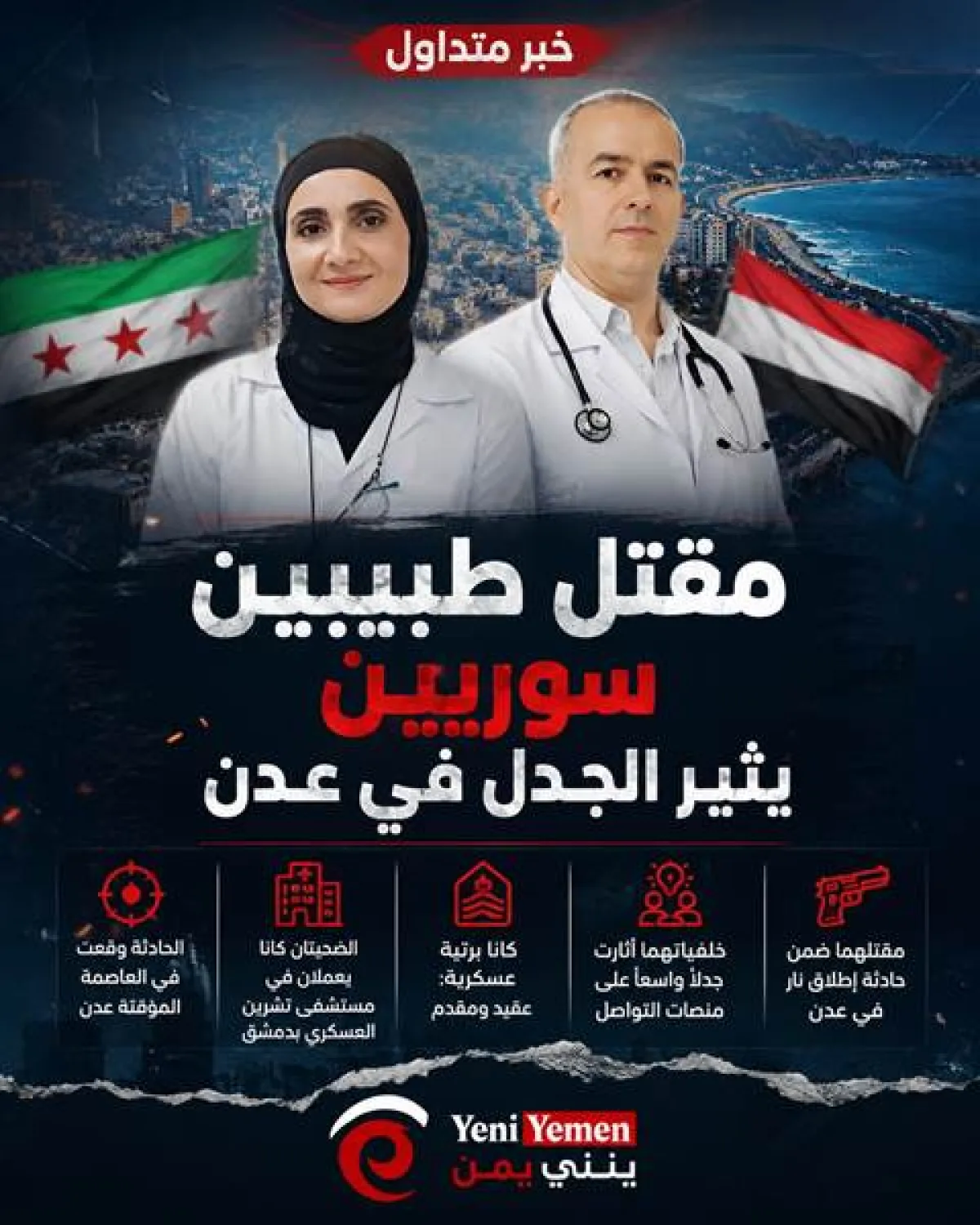 تفاعل واسع على مواقع التواصل ...”طبيبان سوريان من مسلخ تشرين يُقتلان في عدن.. والتفاصيل صادمة!”